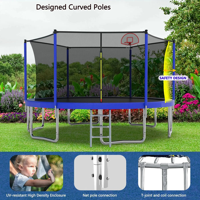 Outdoor Recreational 14FT Trampoline for Kids with Safety Enclosure Net and Ladder - Blue Metal Frame Default -DTYStore