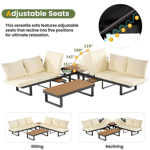 Outdoor Sectional Sofa Set with Adjustable Reclining Seats for Backyard, Poolside and Balcony, Beige, Iron and WPC Default -DTYStore