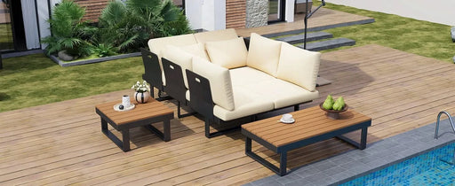 Outdoor Sectional Sofa Set with Adjustable Reclining Seats for Backyard, Poolside and Balcony, Beige, Iron and WPC Default -DTYStore