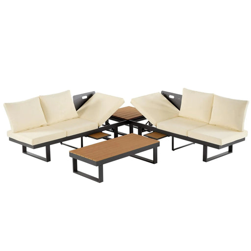 Outdoor Sectional Sofa Set with Adjustable Reclining Seats for Backyard, Poolside and Balcony, Beige, Iron and WPC Default -DTYStore