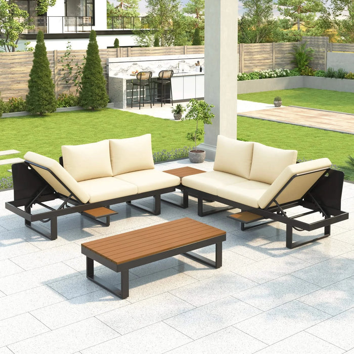 Outdoor Sectional Sofa Set with Adjustable Reclining Seats for Backyard, Poolside and Balcony, Beige, Iron and WPC Default -DTYStore