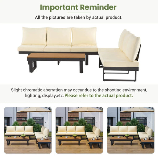 Outdoor Sectional Sofa Set with Adjustable Reclining Seats for Backyard, Poolside and Balcony, Beige, Iron and WPC Default -DTYStore