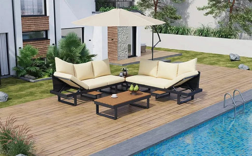 Outdoor Sectional Sofa Set with Adjustable Reclining Seats for Backyard, Poolside and Balcony, Beige, Iron and WPC Default -DTYStore