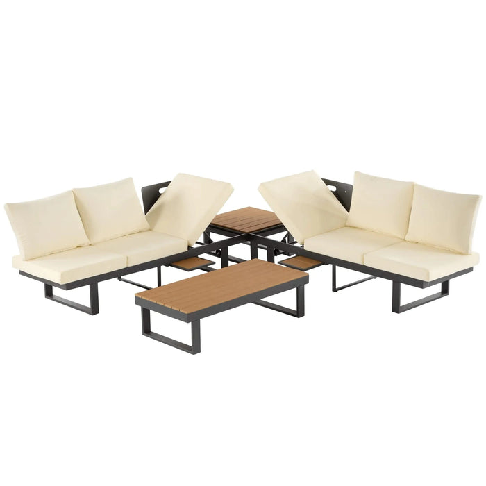Outdoor Sectional Sofa Set with Adjustable Reclining Seats for Backyard, Poolside and Balcony, Beige, Iron and WPC Default -DTYStore