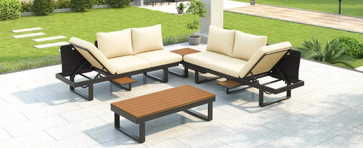 Outdoor Sectional Sofa Set with Adjustable Reclining Seats for Backyard, Poolside and Balcony, Beige, Iron and WPC Default -DTYStore