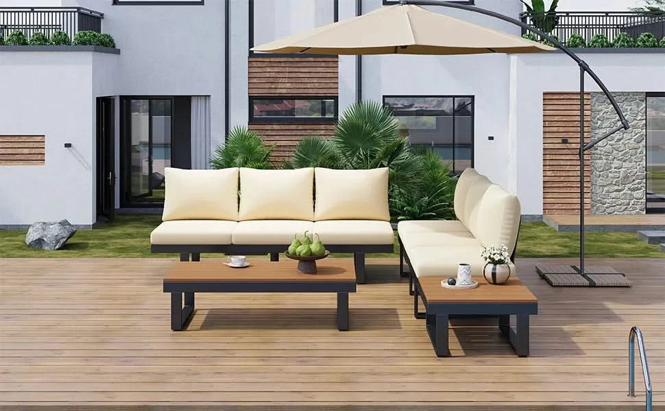 Outdoor Sectional Sofa Set with Adjustable Reclining Seats for Backyard, Poolside and Balcony, Beige, Iron and WPC Default -DTYStore