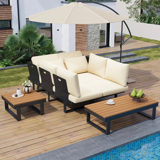 Outdoor Sectional Sofa Set with Adjustable Reclining Seats for Backyard, Poolside and Balcony, Beige, Iron and WPC Default -DTYStore