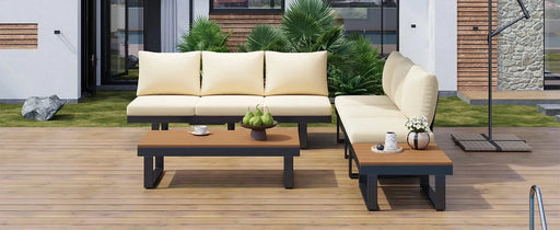 Outdoor Sectional Sofa Set with Adjustable Reclining Seats for Backyard, Poolside and Balcony, Beige, Iron and WPC Default -DTYStore