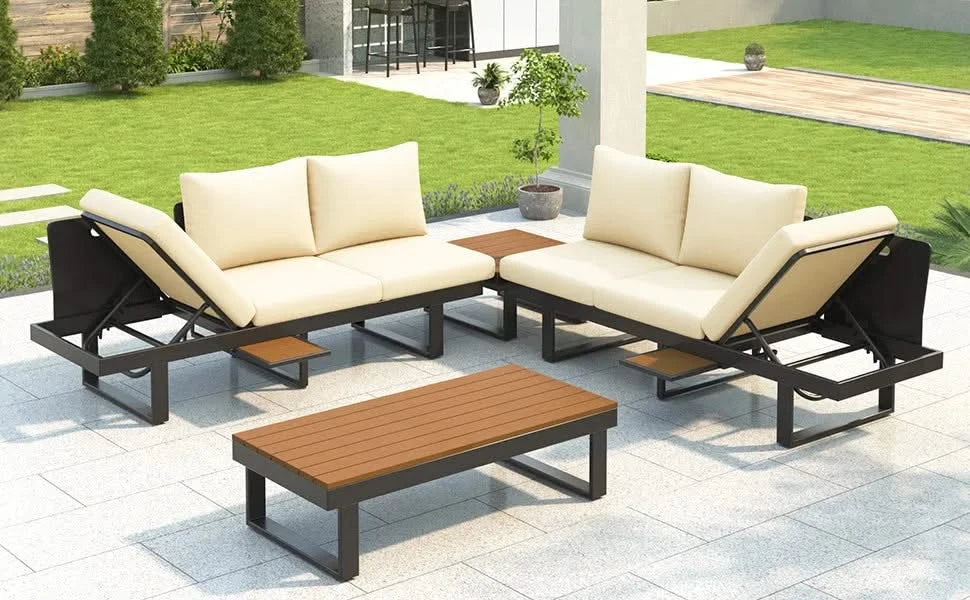 Outdoor Sectional Sofa Set with Adjustable Reclining Seats for Backyard, Poolside and Balcony, Beige, Iron and WPC Default -DTYStore