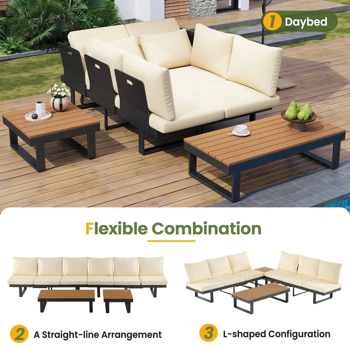 Outdoor Sectional Sofa Set with Adjustable Reclining Seats for Backyard, Poolside and Balcony, Beige, Iron and WPC Default -DTYStore