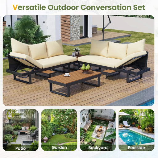 Outdoor Sectional Sofa Set with Adjustable Reclining Seats for Backyard, Poolside and Balcony, Beige, Iron and WPC Default -DTYStore