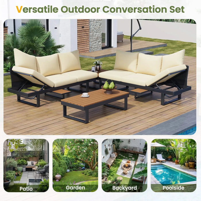 Outdoor Sectional Sofa Set with Adjustable Reclining Seats for Backyard, Poolside and Balcony, Beige, Iron and WPC Default -DTYStore