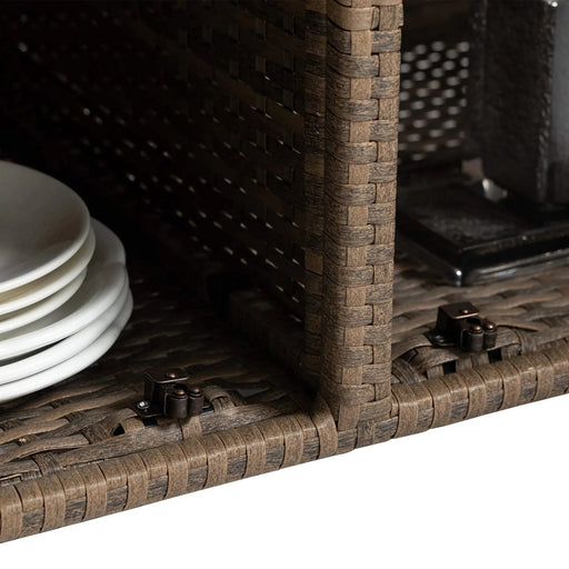 Outdoor Wicker Bar Cart, Patio Wine Serving Cart w/Wheels , Rolling Rattan Beverage Bar Counter Table w/Glass Top for Porch Backyard Garden Poolside Party, Light brown Default -DTYStore