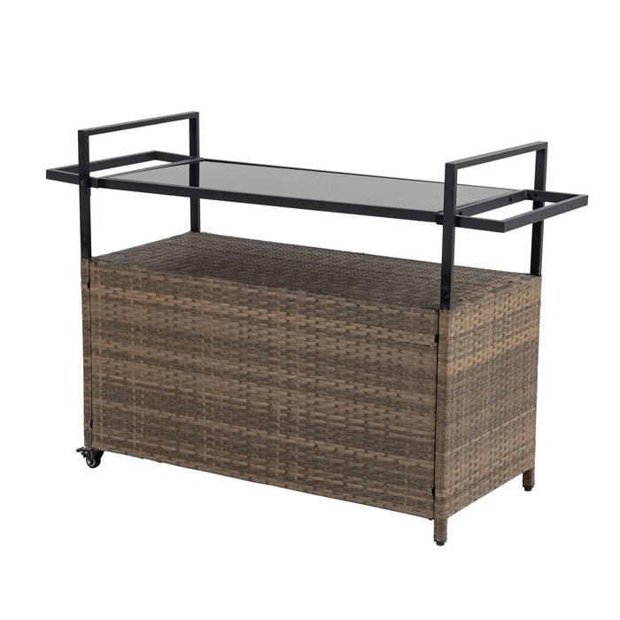 Outdoor Wicker Bar Cart, Patio Wine Serving Cart w/Wheels , Rolling Rattan Beverage Bar Counter Table w/Glass Top for Porch Backyard Garden Poolside Party, Light brown Default -DTYStore