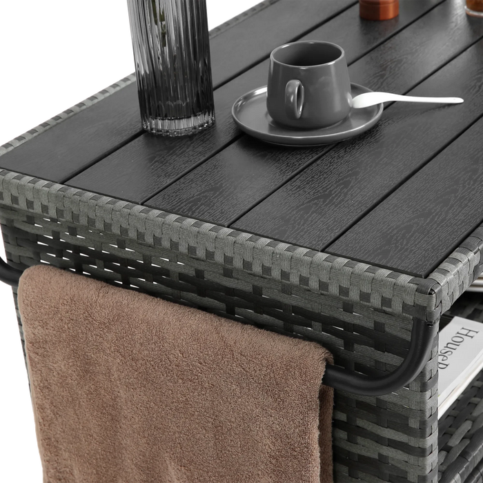 Outdoor Wicker Bar Cart, Patio Wine Serving Cart w/Wheels , Rolling Rattan Beverage Bar Counter Table w/Glass Top for Porch Backyard Garden Poolside Party, Light brown Default -DTYStore