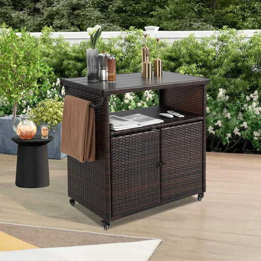 Outdoor Wicker Bar Cart, Patio Wine Serving Cart w/Wheels , Rolling Rattan Beverage Bar Counter Table w/Glass Top for Porch Backyard Garden Poolside Party, Light brown Default -DTYStore