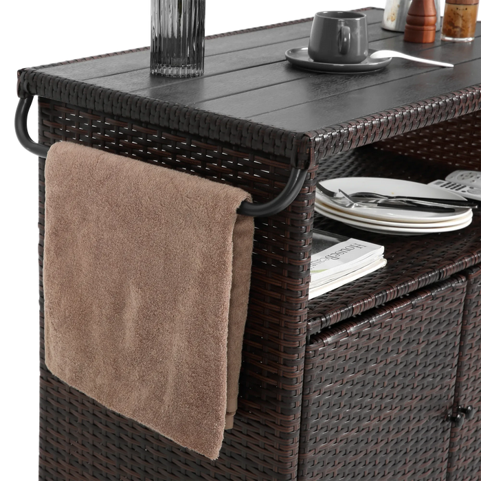 Outdoor Wicker Bar Cart, Patio Wine Serving Cart w/Wheels , Rolling Rattan Beverage Bar Counter Table w/Glass Top for Porch Backyard Garden Poolside Party, Light brown Default -DTYStore