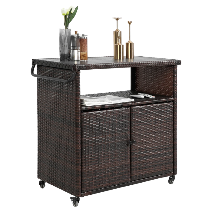 Outdoor Wicker Bar Cart, Patio Wine Serving Cart w/Wheels , Rolling Rattan Beverage Bar Counter Table w/Glass Top for Porch Backyard Garden Poolside Party, Light brown Default -DTYStore