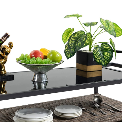 Outdoor Wicker Bar Cart, Patio Wine Serving Cart w/Wheels , Rolling Rattan Beverage Bar Counter Table w/Glass Top for Porch Backyard Garden Poolside Party, Light brown Default -DTYStore