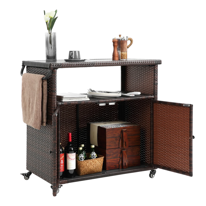 Outdoor Wicker Bar Cart, Patio Wine Serving Cart w/Wheels , Rolling Rattan Beverage Bar Counter Table w/Glass Top for Porch Backyard Garden Poolside Party, Light brown Default -DTYStore