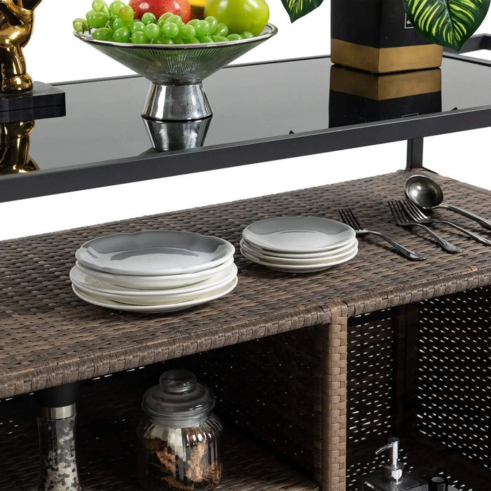 Outdoor Wicker Bar Cart, Patio Wine Serving Cart w/Wheels , Rolling Rattan Beverage Bar Counter Table w/Glass Top for Porch Backyard Garden Poolside Party, Light brown Default -DTYStore