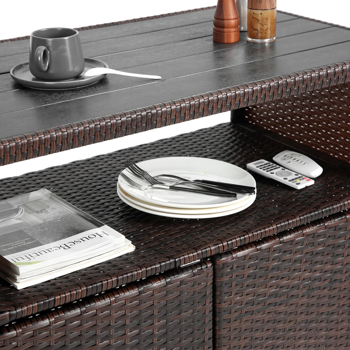 Outdoor Wicker Bar Cart, Patio Wine Serving Cart w/Wheels , Rolling Rattan Beverage Bar Counter Table w/Glass Top for Porch Backyard Garden Poolside Party, Light brown Default -DTYStore