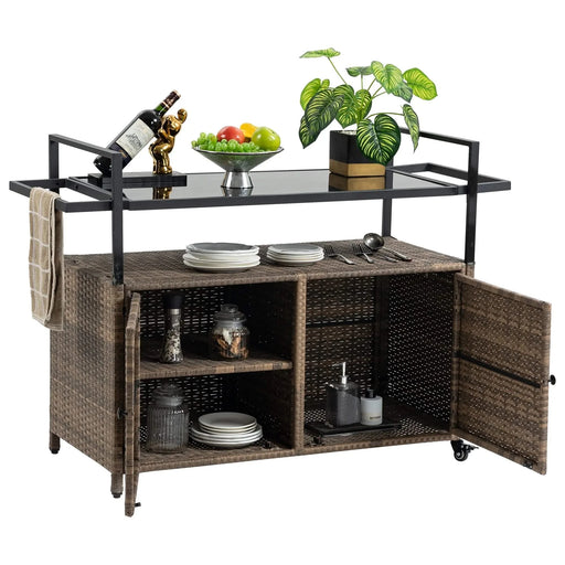 Outdoor Wicker Bar Cart, Patio Wine Serving Cart w/Wheels , Rolling Rattan Beverage Bar Counter Table w/Glass Top for Porch Backyard Garden Poolside Party, Light brown Default -DTYStore