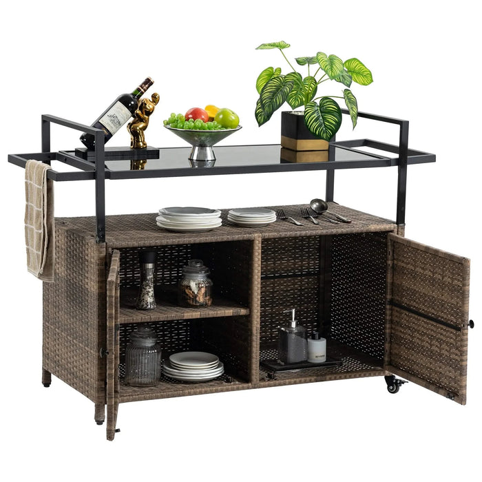 Outdoor Wicker Bar Cart, Patio Wine Serving Cart w/Wheels , Rolling Rattan Beverage Bar Counter Table w/Glass Top for Porch Backyard Garden Poolside Party, Light brown Default -DTYStore