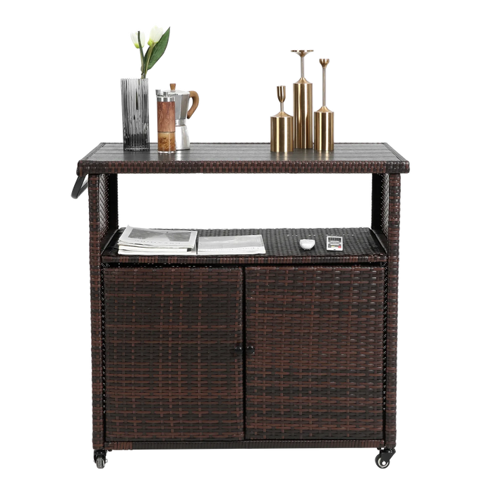 Outdoor Wicker Bar Cart, Patio Wine Serving Cart w/Wheels , Rolling Rattan Beverage Bar Counter Table w/Glass Top for Porch Backyard Garden Poolside Party, Light brown Default -DTYStore