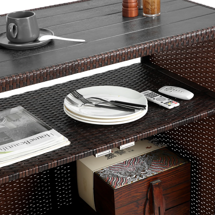 Outdoor Wicker Bar Cart, Patio Wine Serving Cart w/Wheels , Rolling Rattan Beverage Bar Counter Table w/Glass Top for Porch Backyard Garden Poolside Party, Light brown Default -DTYStore