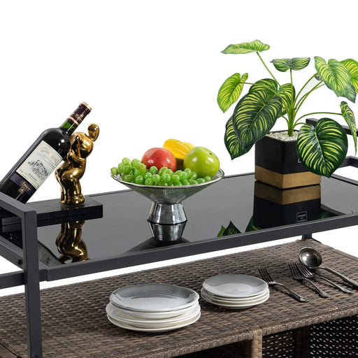 Outdoor Wicker Bar Cart, Patio Wine Serving Cart w/Wheels , Rolling Rattan Beverage Bar Counter Table w/Glass Top for Porch Backyard Garden Poolside Party, Light brown Default -DTYStore