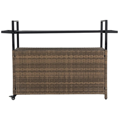 Outdoor Wicker Bar Cart, Patio Wine Serving Cart w/Wheels , Rolling Rattan Beverage Bar Counter Table w/Glass Top for Porch Backyard Garden Poolside Party, Light brown Default -DTYStore