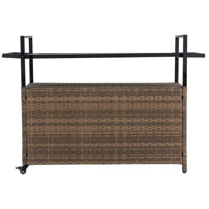Outdoor Wicker Bar Cart, Patio Wine Serving Cart w/Wheels , Rolling Rattan Beverage Bar Counter Table w/Glass Top for Porch Backyard Garden Poolside Party, Light brown Default -DTYStore