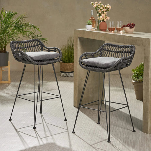Outdoor Wicker Barstool with Cushions, Set of 2, Grey Default -DTYStore