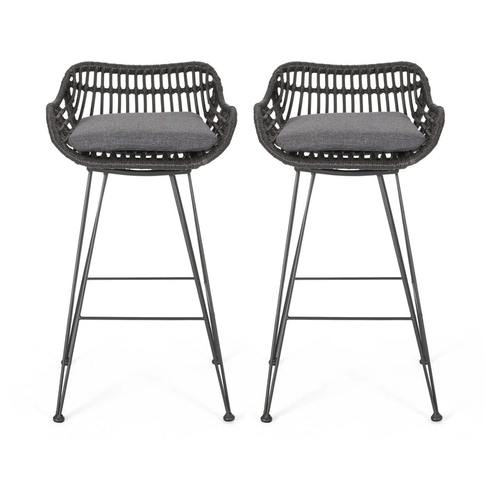 Outdoor Wicker Barstool with Cushions, Set of 2, Grey Default -DTYStore