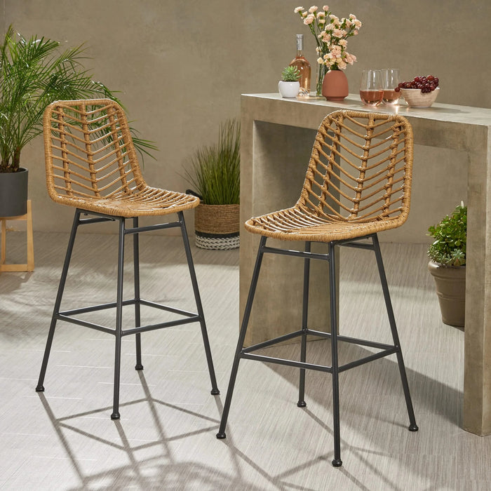 Outdoor Wicker Barstool with Thin Angled Legs, Set of 2, Light Brown Default -DTYStore