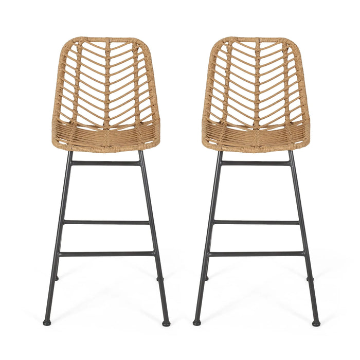 Outdoor Wicker Barstool with Thin Angled Legs, Set of 2, Light Brown Default -DTYStore