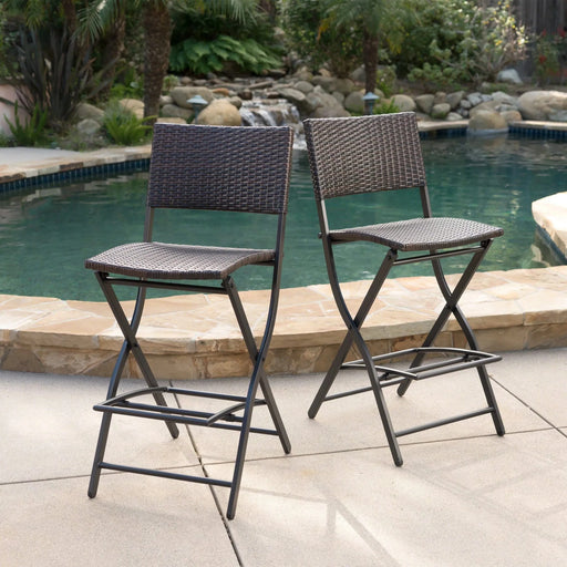 Outdoor Wicker Barstools Faux Rattan Patio Bar Stools Foldable Chair, Multibrown, Set of 2 Default -DTYStore