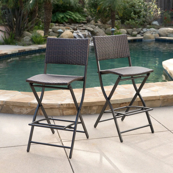 Outdoor Wicker Barstools Faux Rattan Patio Bar Stools Foldable Chair, Multibrown, Set of 2 Default -DTYStore