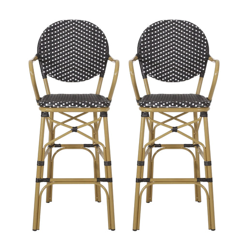 Outdoor Wicker and Aluminum 29.5' French Barstools Set of 2, Black Bamboo Print Finish Default -DTYStore