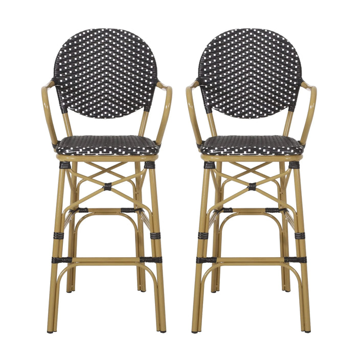 Outdoor Wicker and Aluminum 29.5' French Barstools Set of 2, Black Bamboo Print Finish Default -DTYStore