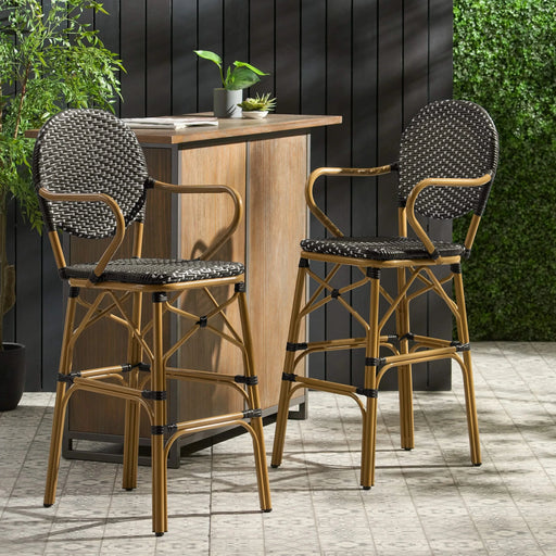 Outdoor Wicker and Aluminum 29.5' French Barstools Set of 2, Black Bamboo Print Finish Default -DTYStore