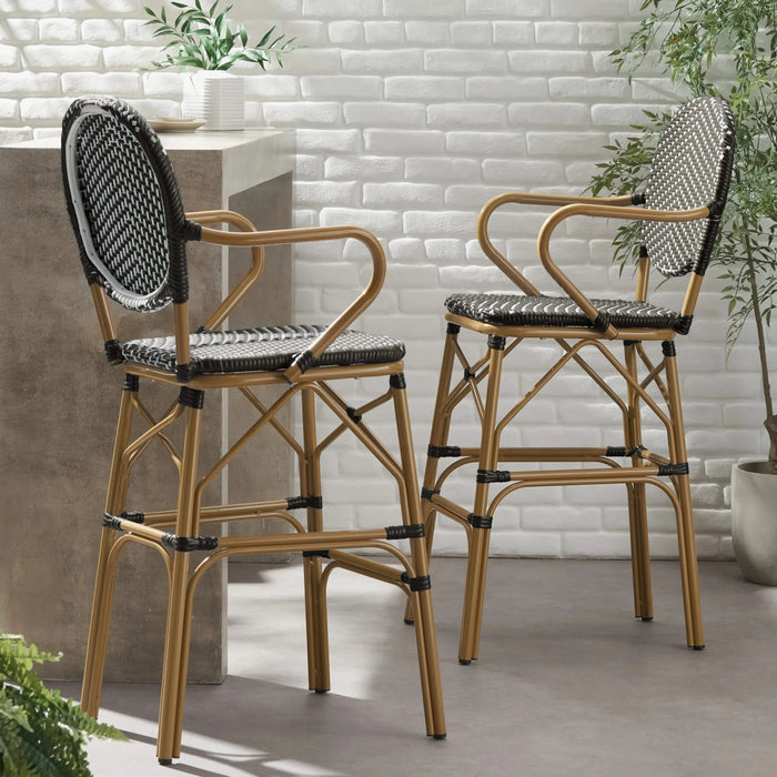 Outdoor Wicker and Aluminum 29.5' French Barstools Set of 2, Black Bamboo Print Finish Default -DTYStore