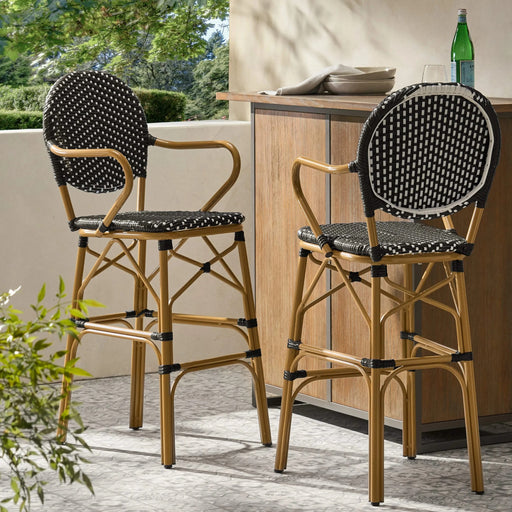 Outdoor Wicker and Aluminum 29.5' French Barstools Set of 2, Black Bamboo Print Finish Default -DTYStore