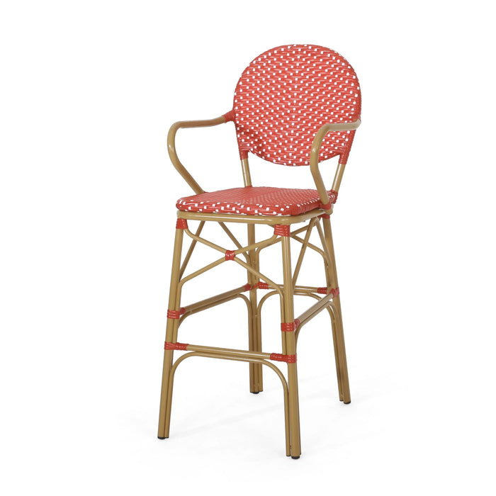 Outdoor Wicker and Aluminum 29.5' French Barstools, Set of 2, Red, Bamboo Print Finish Default -DTYStore