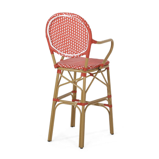 Outdoor Wicker and Aluminum 29.5' French Barstools, Set of 2, Red, Bamboo Print Finish Default -DTYStore