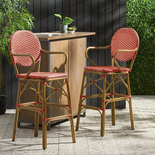 Outdoor Wicker and Aluminum 29.5' French Barstools, Set of 2, Red, Bamboo Print Finish Default -DTYStore