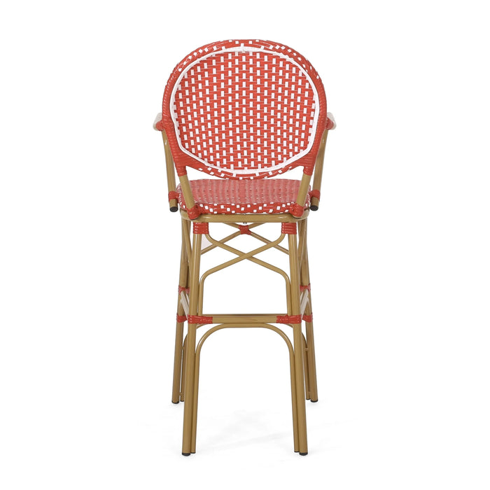 Outdoor Wicker and Aluminum 29.5' French Barstools, Set of 2, Red, Bamboo Print Finish Default -DTYStore