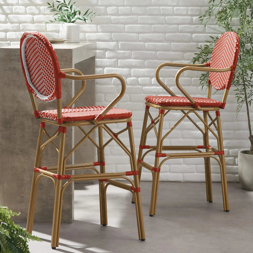Outdoor Wicker and Aluminum 29.5' French Barstools, Set of 2, Red, Bamboo Print Finish Default -DTYStore