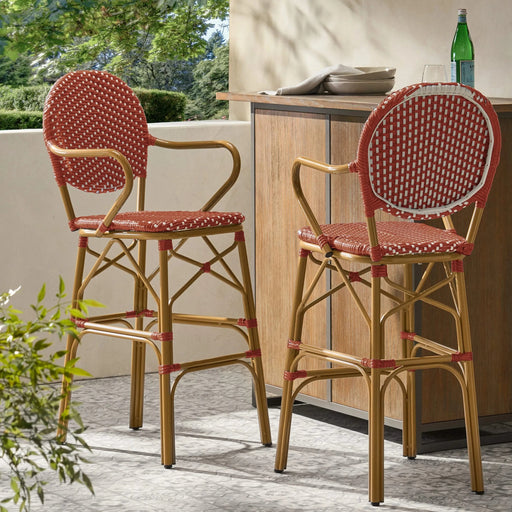 Outdoor Wicker and Aluminum 29.5' French Barstools, Set of 2, Red, Bamboo Print Finish Default -DTYStore